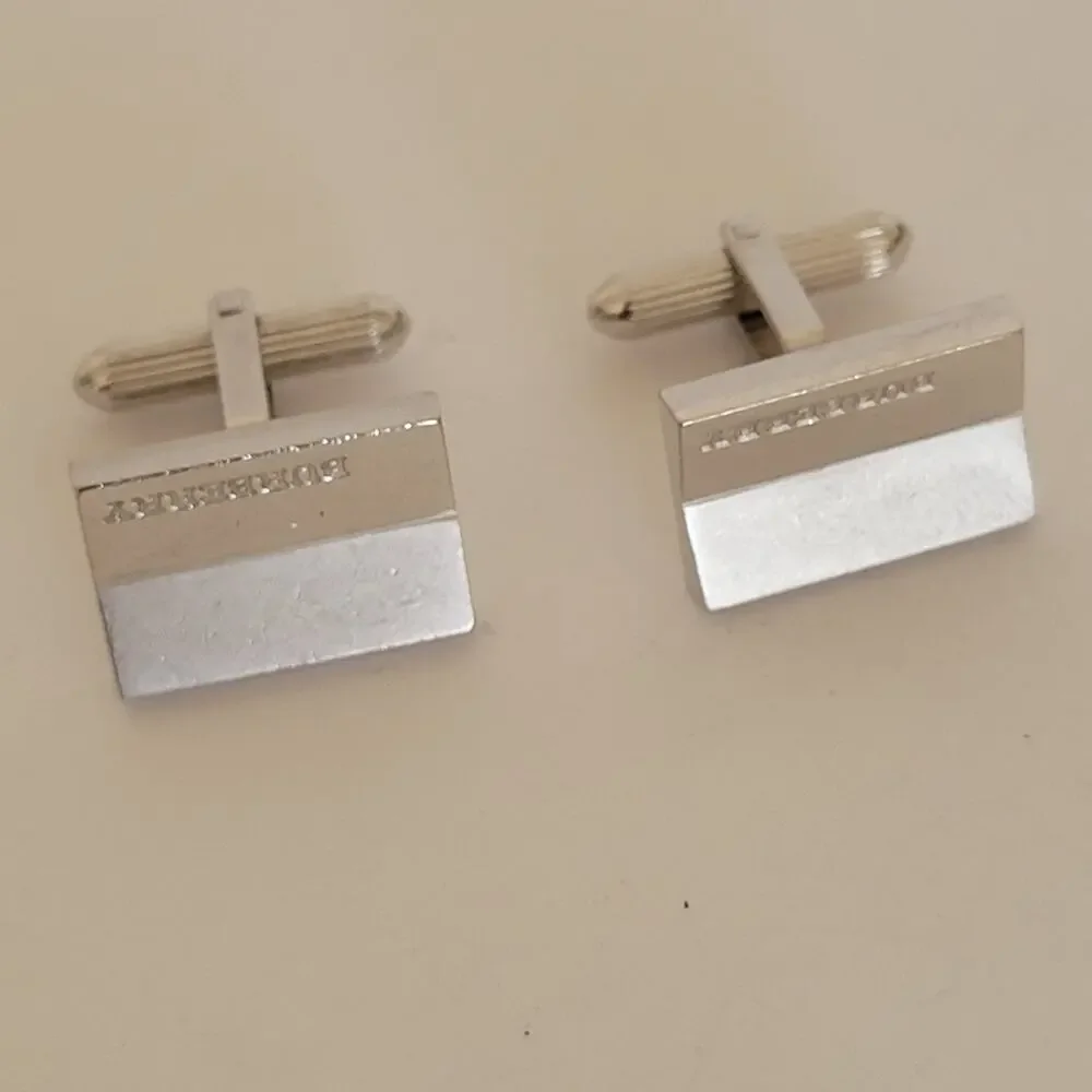 Burberry Cufflinks Set Silver Tone Logo Rectangle Geometric Designer Minimalist
